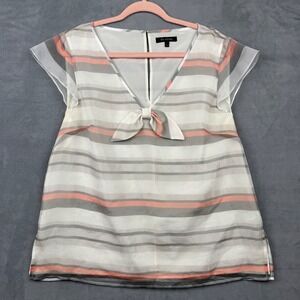 ST JOHN Striped‎ Silk Blend V Neck Tie Front Sheer Blouse Top Women's L